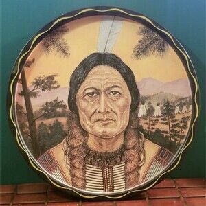 Vintage Native American Indian Metal Cocktail Serving Tray 11" Diameter